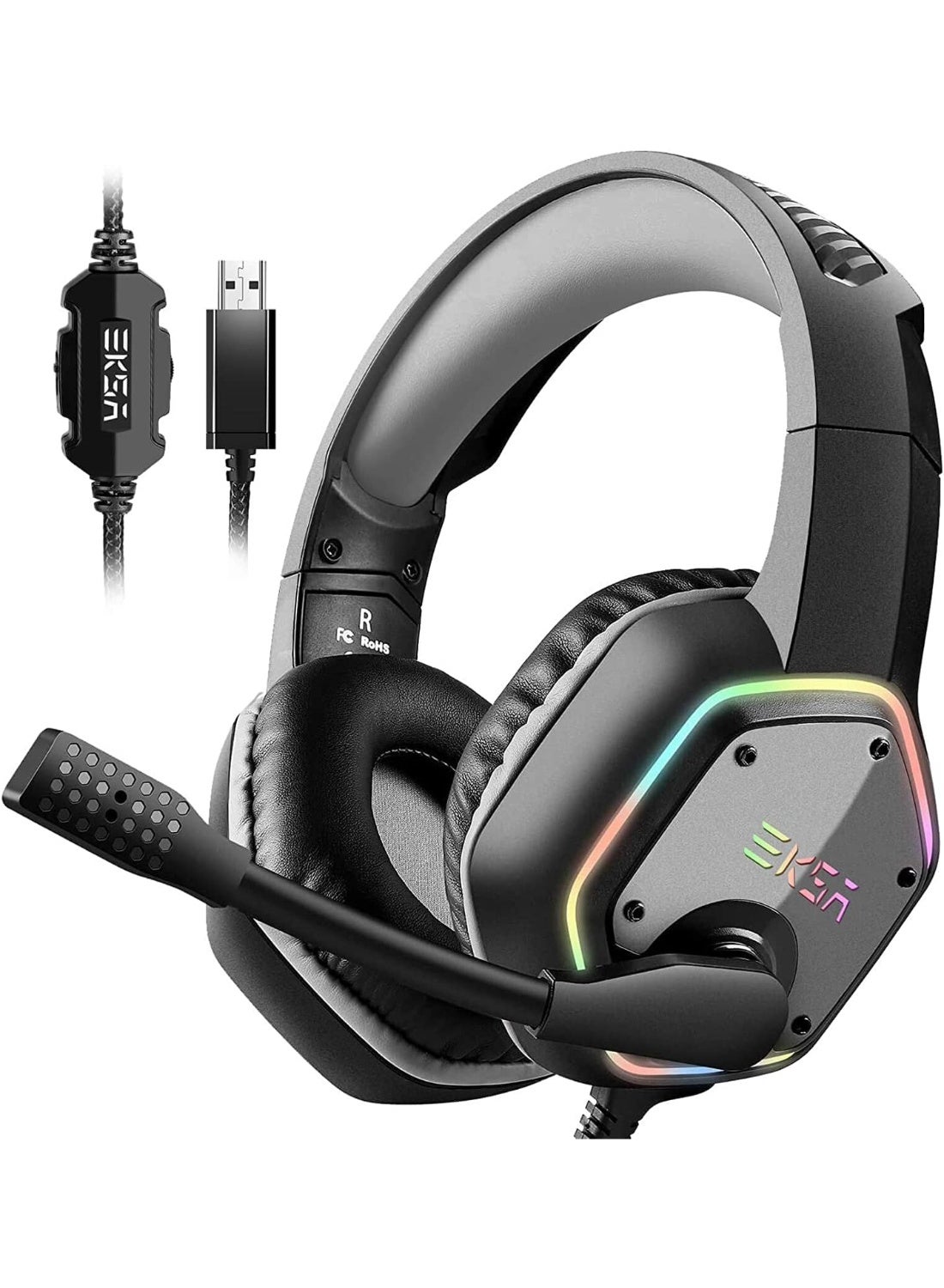 EKSA USB Gaming Headset for PC - Computer Headphones with 7.1 Surround Sound Stereo Noise Canceling Mic/Microphone RGB Light - Gaming Headphones for PS4/PS5 Console Laptop, Wired